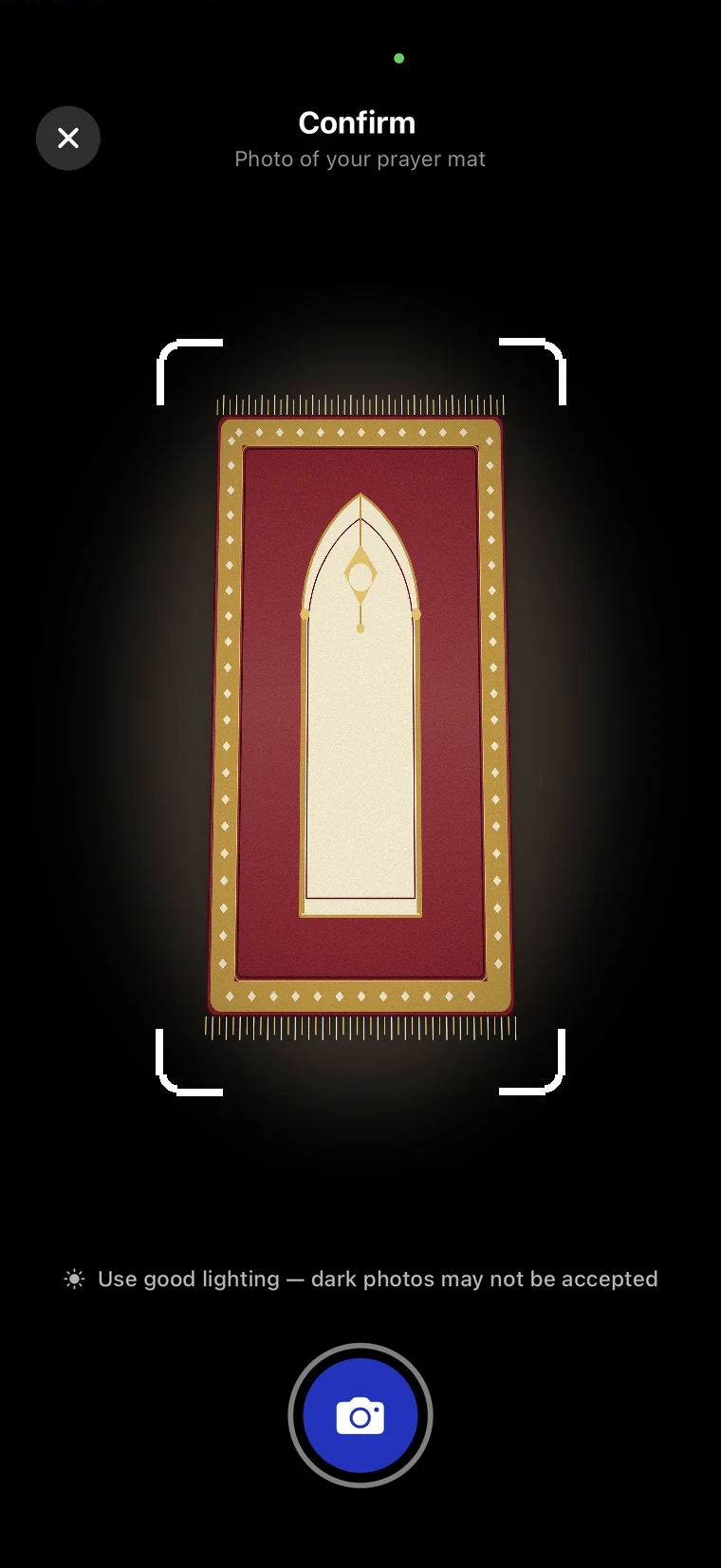 Camera screen framing a photo of a prayer mat