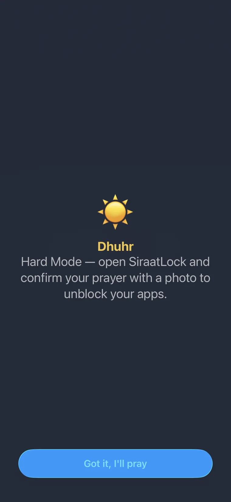 Hard Mode prompt asking to confirm prayer with a photo