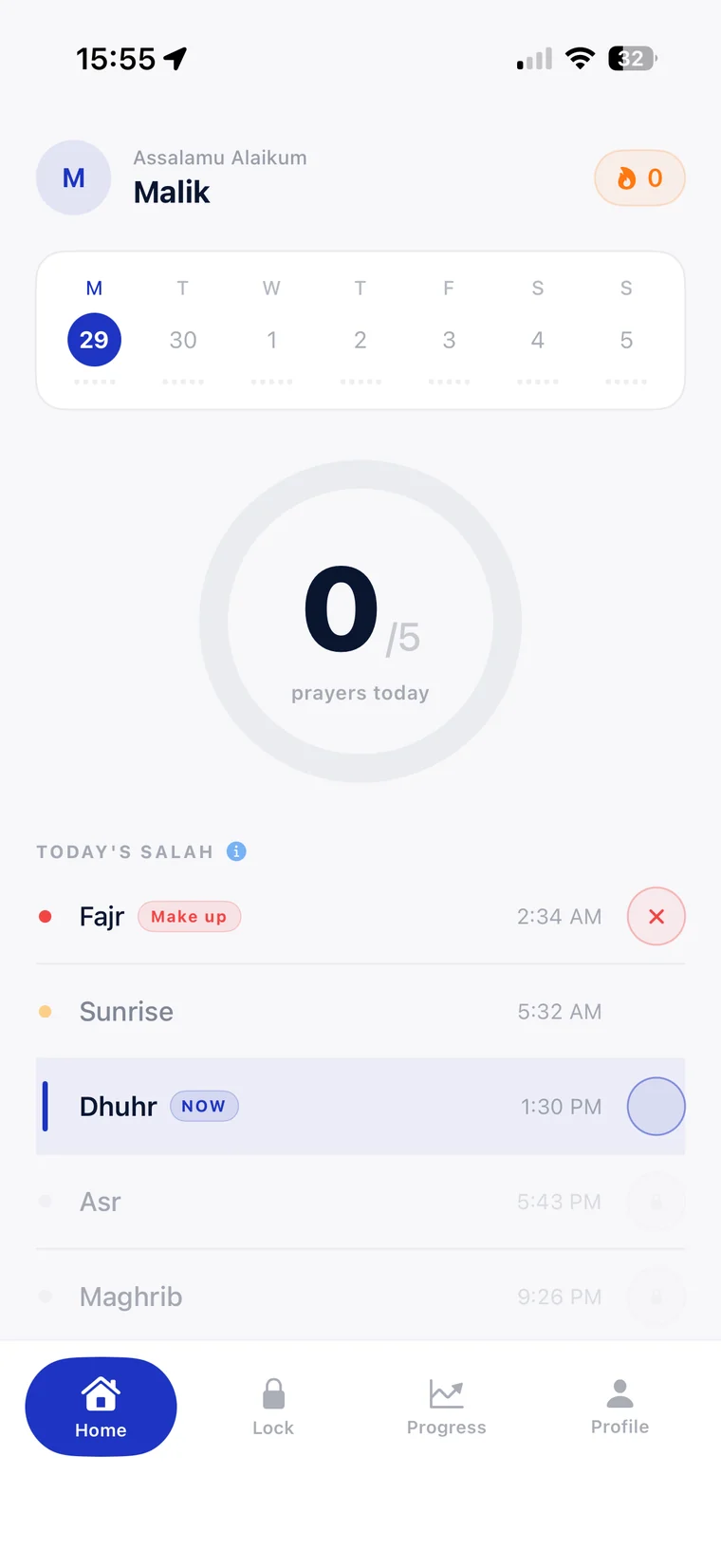 SiraatLock home screen showing today's five prayers and progress