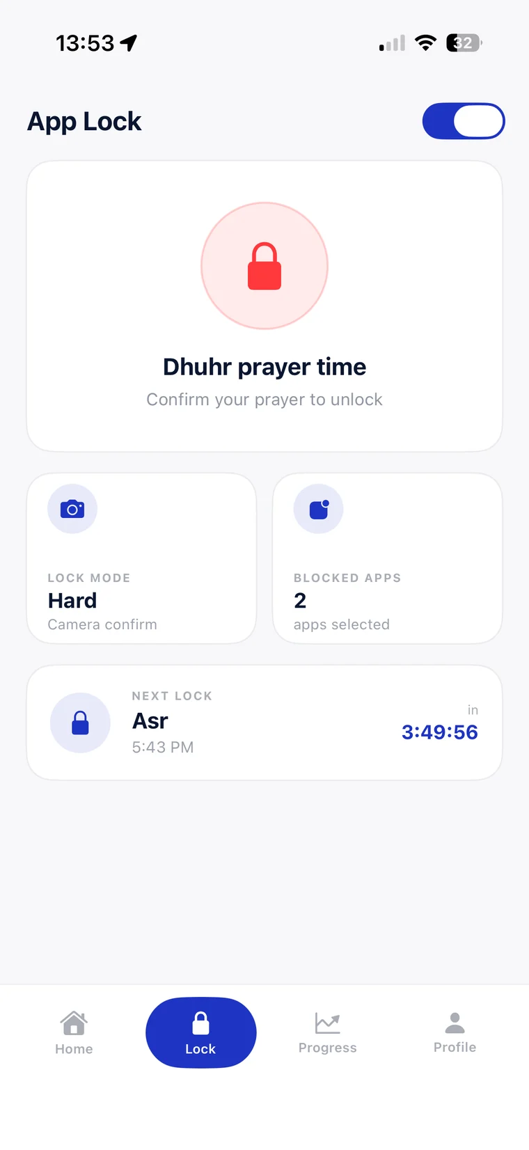 App Lock screen with lock mode, locked apps and next lock