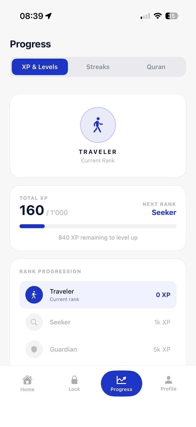 Progress screen showing rank, total XP and rank progression